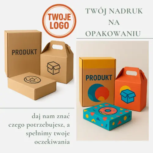 różne kartony z logo i nadrukiem w kolorze i czarnym